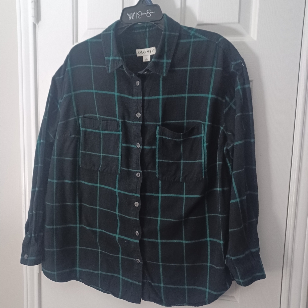 Ava & Viv Plaid Flannel Button Down Sz 0X $10/4.99 Shipping - Picture 2 of 4